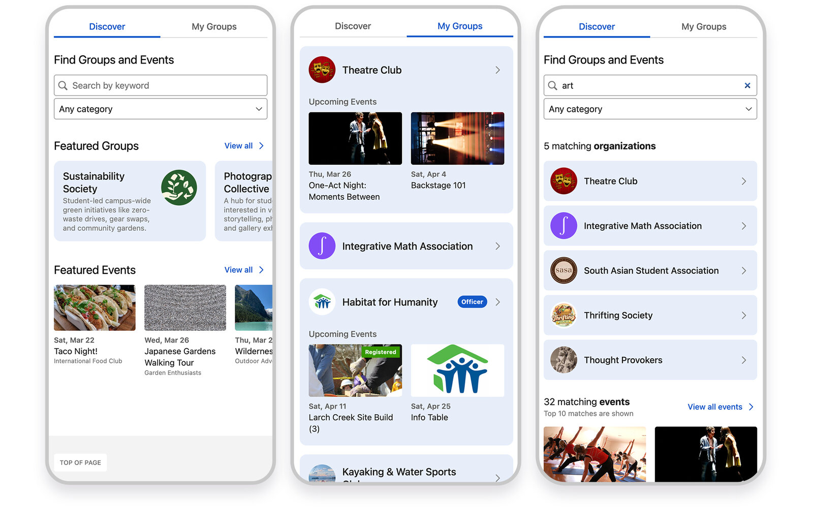 Three mobile screens: browsing groups and events, a My Groups list with upcoming events, and search results filtered by keyword