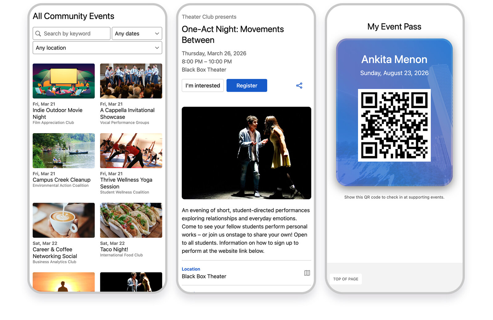 Community Engagement: mobile screens for browsing community events, an event detail page, and a QR event pass