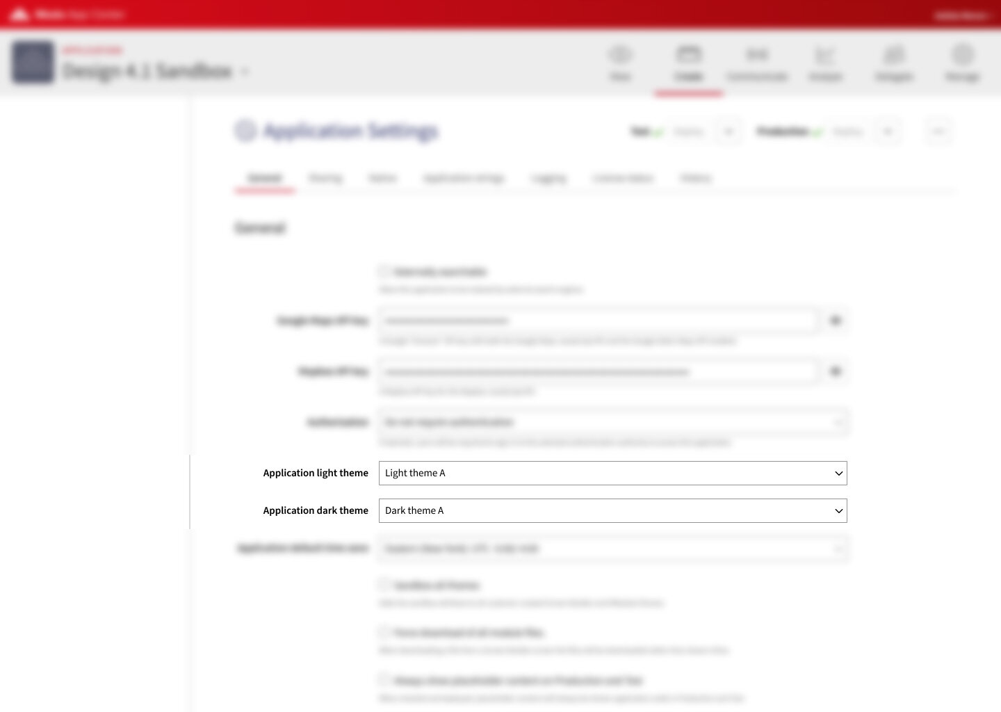 The same application settings screen with 'Application dark theme' set to 'Dark theme A,' showing the admin control enabled.
