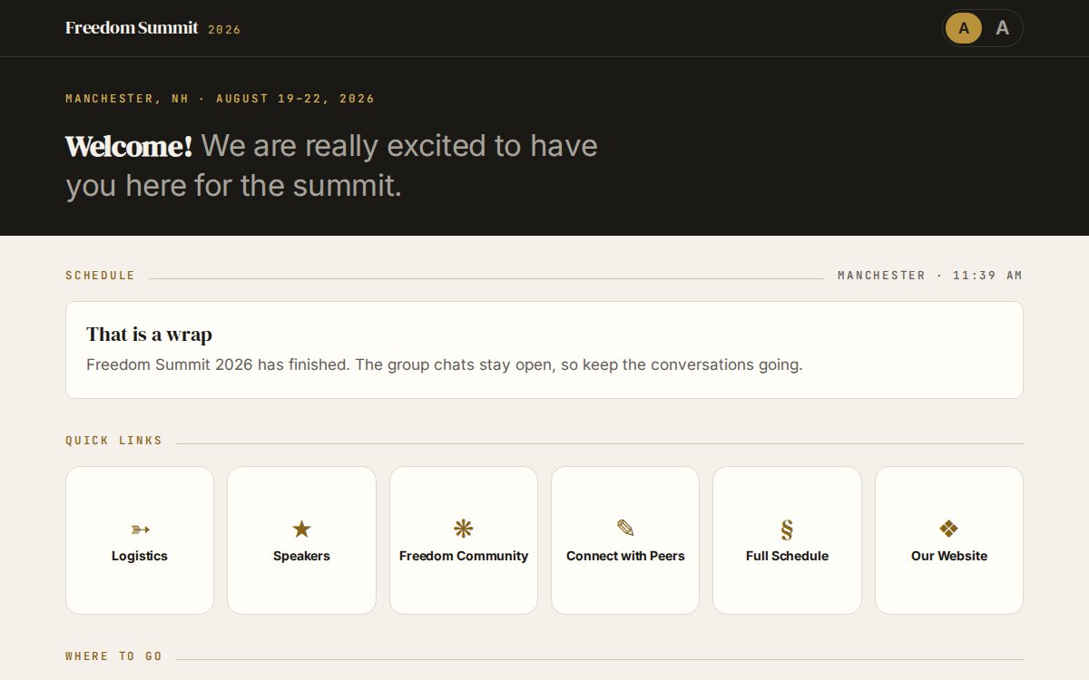 The Freedom Summit 2026 attendee guide: a welcome header above the schedule and quick links to logistics, speakers and community